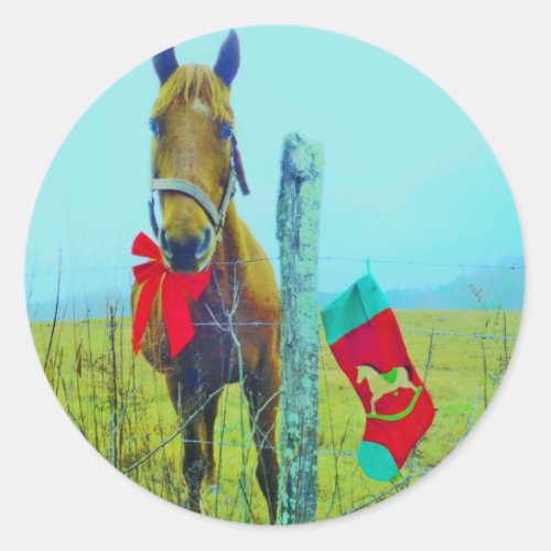 Brown Christmas Horse Classic Round Sticker