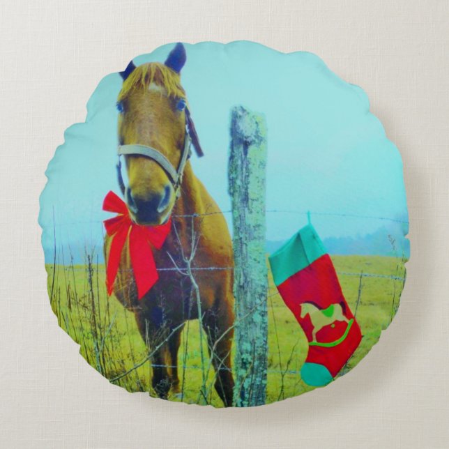 Brown Christmas Horse Round Pillow (Front)