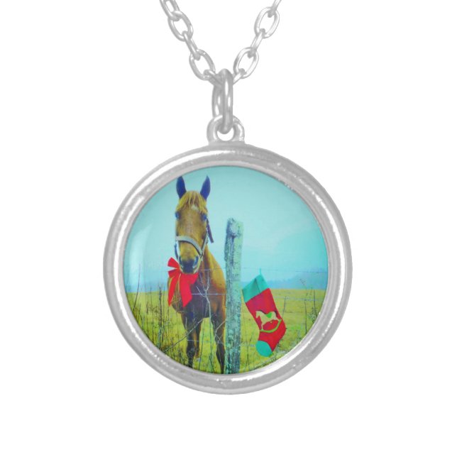 Brown Christmas Horse Silver Plated Necklace (Front)