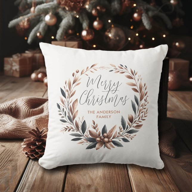 Brown Christmas Merry Copper Caramel Teal Wreath Throw Pillow (brown christmas throw pillow personalized family name copper green terracotta earth tones neutral)