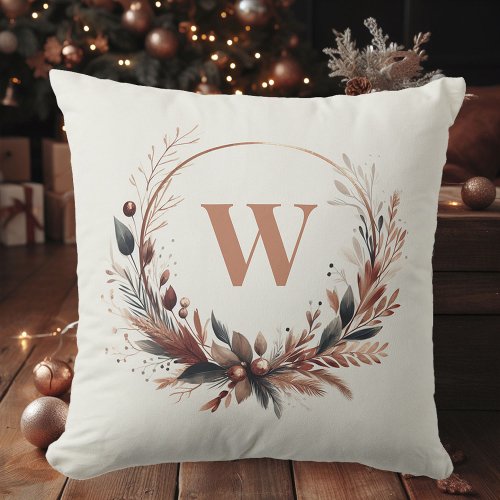 Brown Christmas Monogram Copper Caramel Wreath Throw Pillow