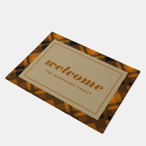 Brown Christmas Plaid Personalized Welcome Doormat