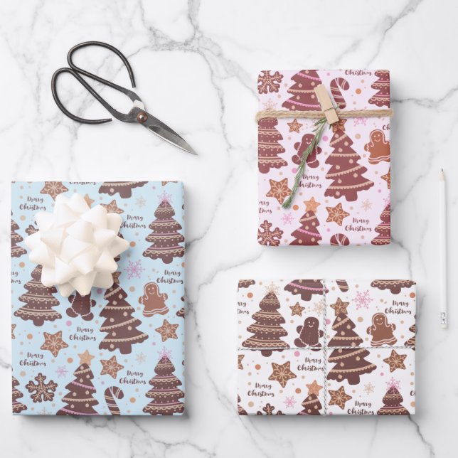 Brown Christmas Trees Gingerbread Men Christmas Wrapping Paper Sheets (Front)