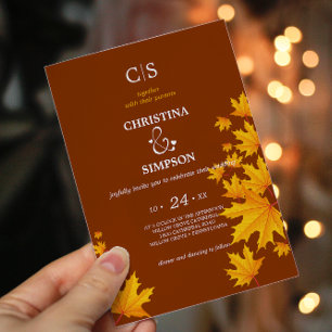 Brown Classic autumn maple leaves wedding   Invitation
