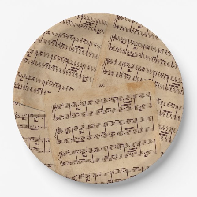 Brown classic musical notes sheet old paper paper plates (Front)
