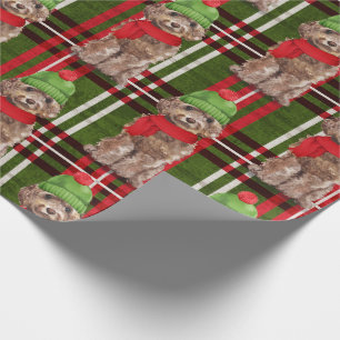 Brown Cockapoo and Plaid Christmas Holiday Wrapping Paper