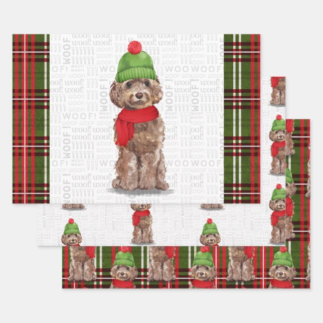 Brown Cockapoo Christmas Dog and Plaid Wrapping Paper Sheets (Set)