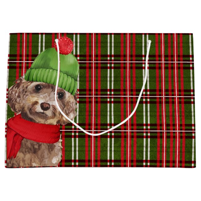 Brown Cockapoo Dog on Plaid Christmas Large Gift Bag (Front)