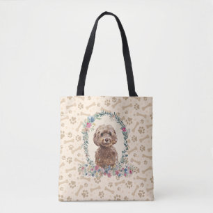 Brown Cockapoo Dog Paw Print & Dog Bone Cute Tote Bag