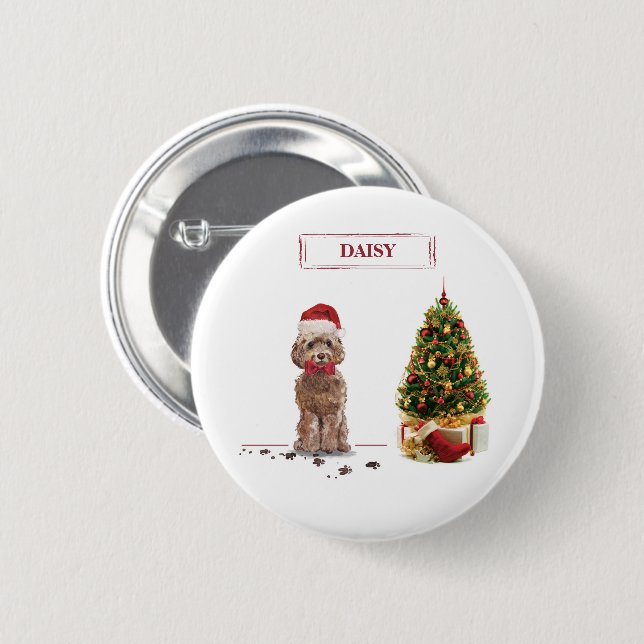 Brown Cockapoo Funny Christmas Dog and Tree Button (Front & Back)