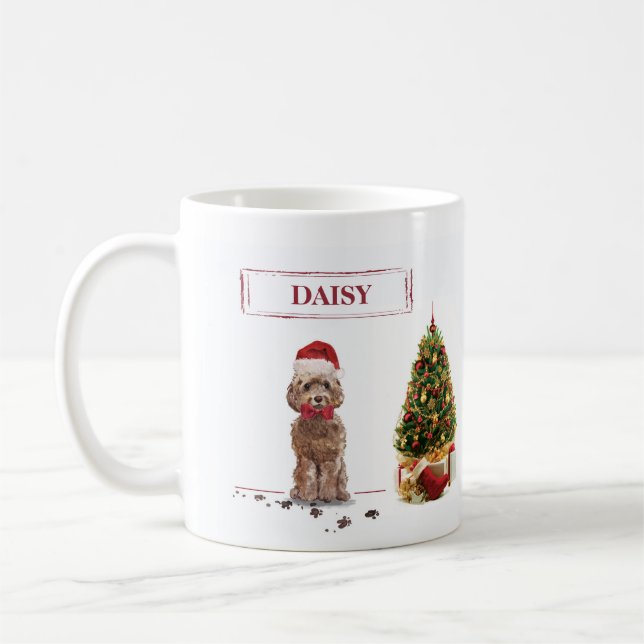 Brown Cockapoo Funny Christmas Dog and Tree Coffee Mug (Left)