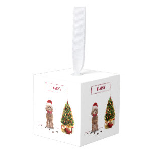 Brown Cockapoo Funny Christmas Dog and Tree Cube Ornament