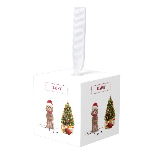 Brown Cockapoo Funny Christmas Dog and Tree Cube Ornament (Front Angled)