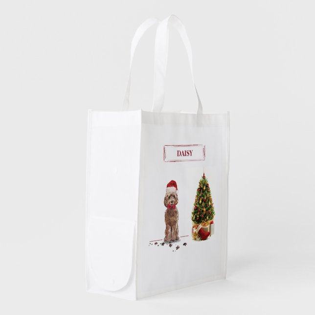 Brown Cockapoo Funny Christmas Dog and Tree Grocery Bag (Front Side)