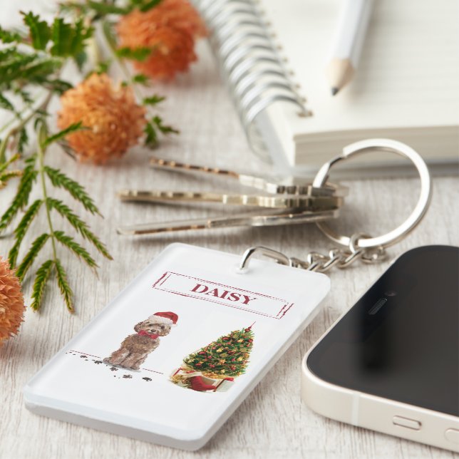 Brown Cockapoo Funny Christmas Dog and Tree Keychain (Front Right)