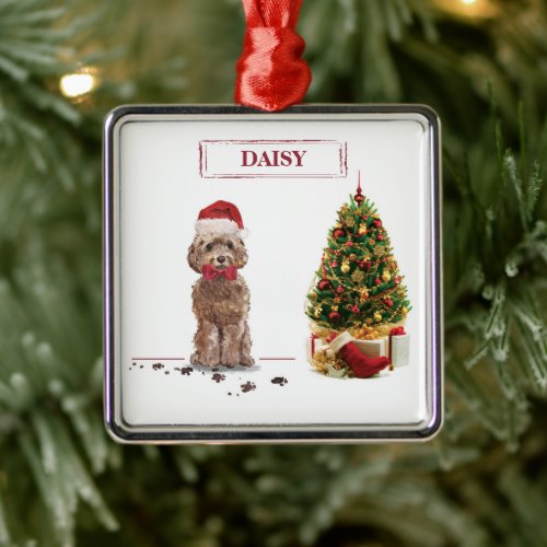 Brown Cockapoo Funny Christmas Dog and Tree Metal Ornament