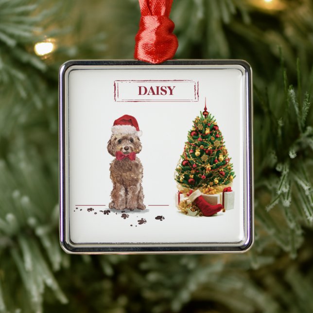 Brown Cockapoo Funny Christmas Dog and Tree Metal Ornament (Tree)
