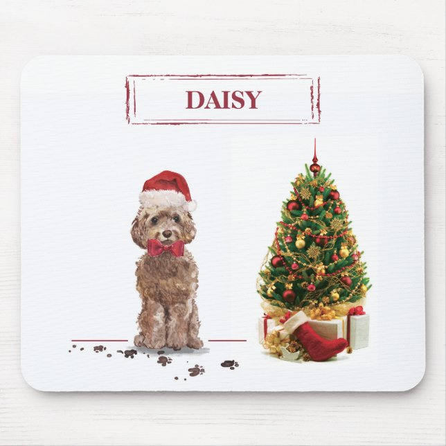 Brown Cockapoo Funny Christmas Dog and Tree Mouse Pad (Front)