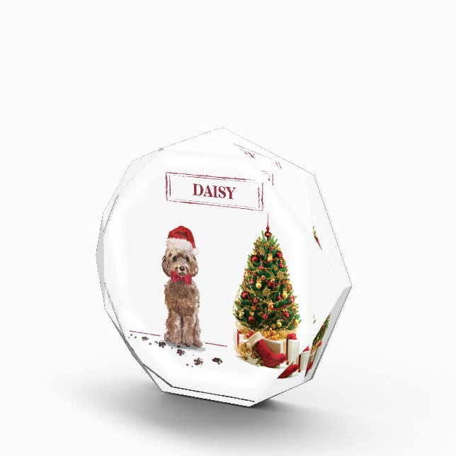 Brown Cockapoo Funny Christmas Dog and Tree Photo Block (Right)
