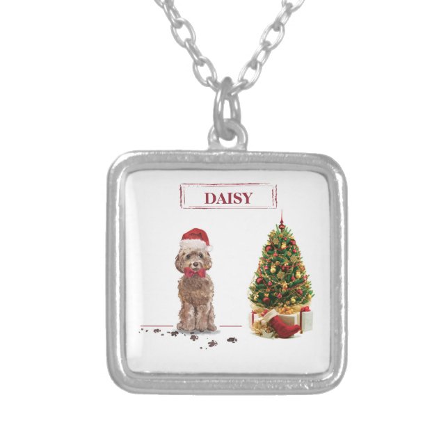 Brown Cockapoo Funny Christmas Dog and Tree Silver Plated Necklace (Front)