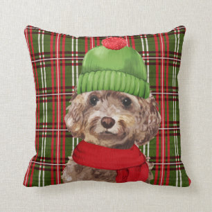 Brown Cockapoo Plaid Christmas Dog Throw Pillow