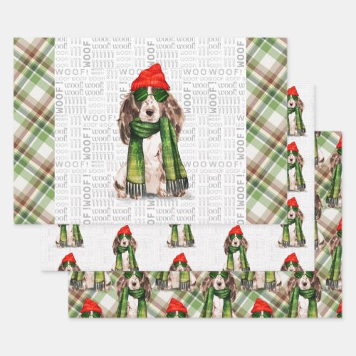 Brown Cocker Spaniel Christmas Dog and Plaid Wrapp Wrapping Paper Sheets