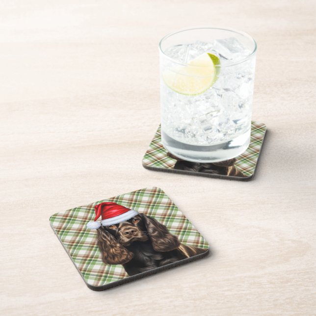Brown Cocker Spaniel Dog Holiday Plaid Christmas Beverage Coaster (Right Side)
