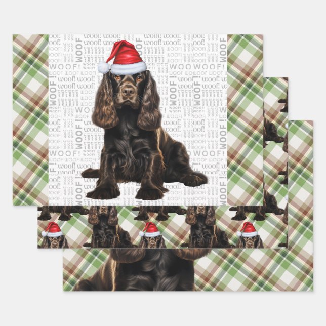 Brown Cocker Spaniel Dog Holiday Plaid Christmas Wrapping Paper Sheets (Set)