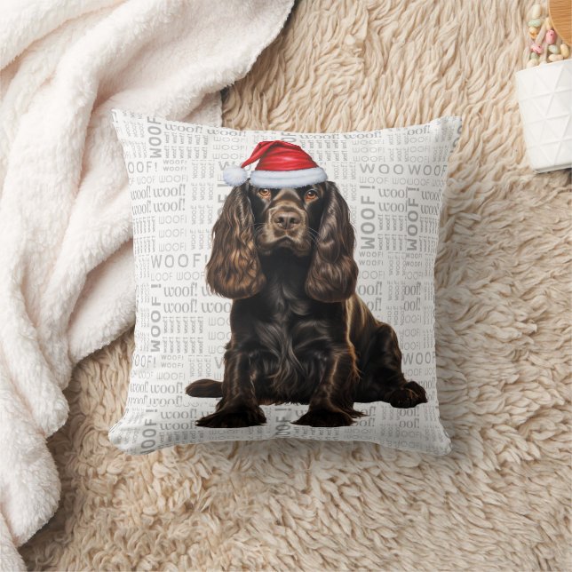 Brown Cocker Spaniel Dog Watercolor Christmas Throw Pillow (Blanket)