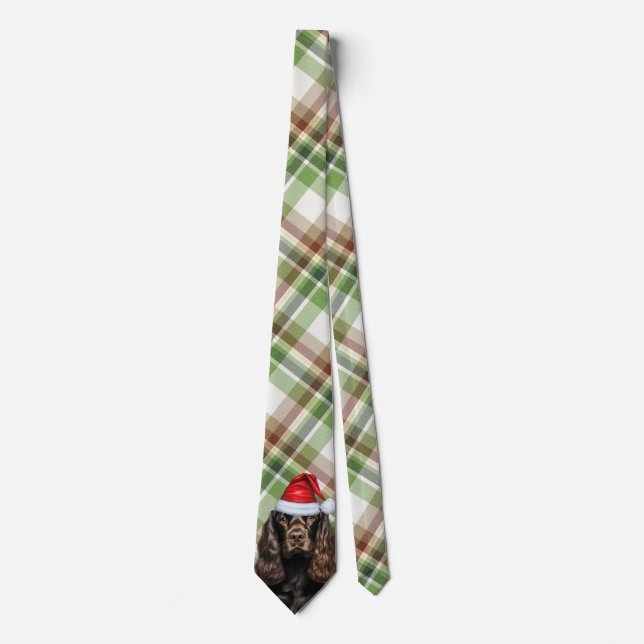 Brown Cocker Spaniel Dog with Christmas Plaid Neck Tie (Front)