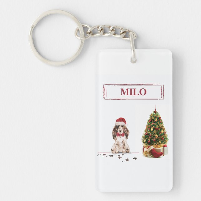Brown Cocker Spaniel Funny Christmas Dog with Tree Keychain (Front)