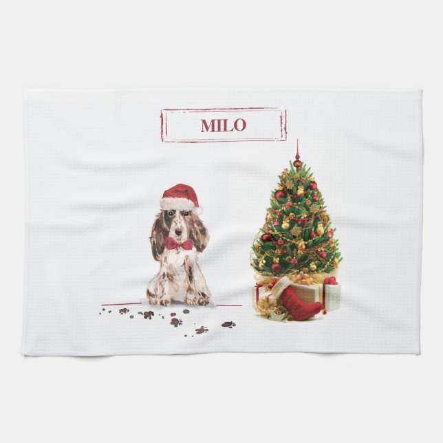 Brown Cocker Spaniel Funny Christmas Dog with Tree Kitchen Towel (Horizontal)