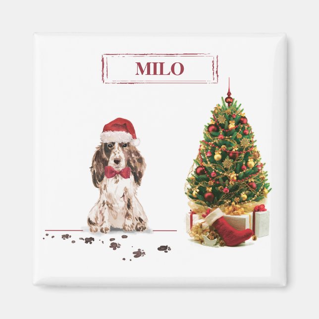 Brown Cocker Spaniel Funny Christmas Dog with Tree Magnet (Front)