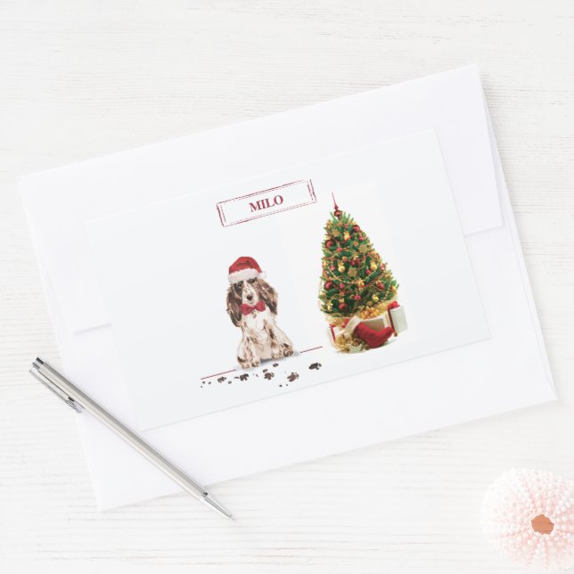 Brown Cocker Spaniel Funny Christmas Dog with Tree Rectangular Sticker (Envelope)