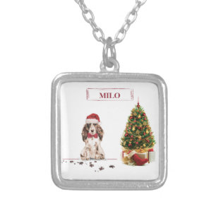 Brown Cocker Spaniel Funny Christmas Dog with Tree Silver Plated Necklace