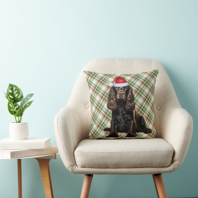 Brown Cocker Spaniel Seasonal Plaid Christmas Dog Throw Pillow (Chair)