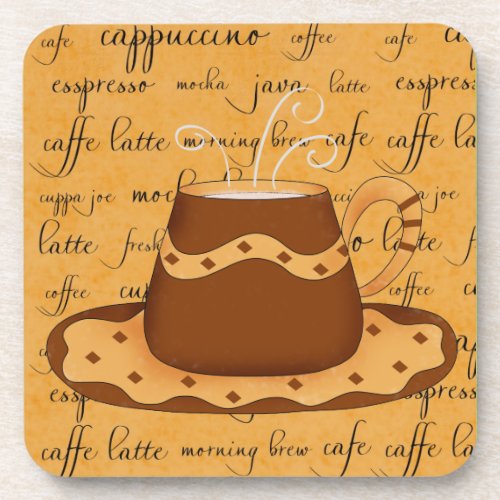 Brown Coffee Cup Art on Gold Script Words Coaster