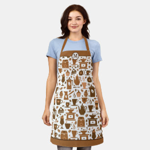 Brown Coffee Time Pattern Monogram Apron