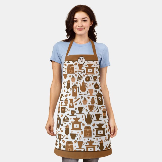 Brown Coffee Time Pattern Monogram Apron (Worn)