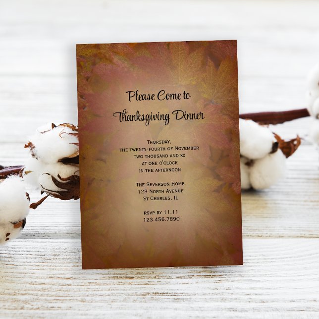 Brown Colored Leaves Thanksgiving Dinner Invitation (Invite friends to gather and give thanks with this woodsy Thanksgiving dinner invitation.)