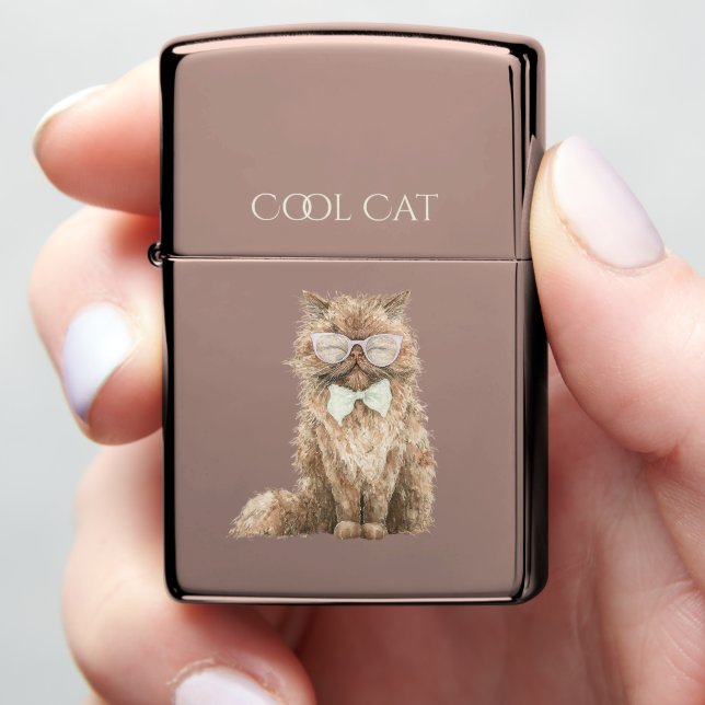 Brown Cool Cat with Glasses Zippo Lighter (In Hand)