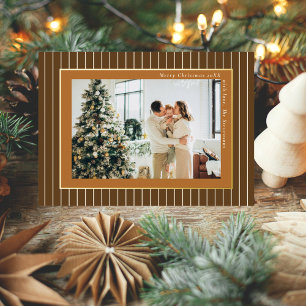 Brown Copper Old Money Pinstripe Christmas Photo Foil Holiday Card