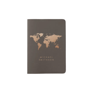 Brown Copper World Map Professional Minimalist Passport Holder