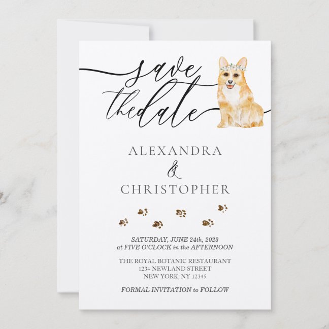 Brown Corgi puppy Wedding Calligraphy script Save The Date
