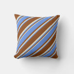 [ Thumbnail: Brown, Cornflower Blue, and Beige Colored Stripes Throw Pillow ]