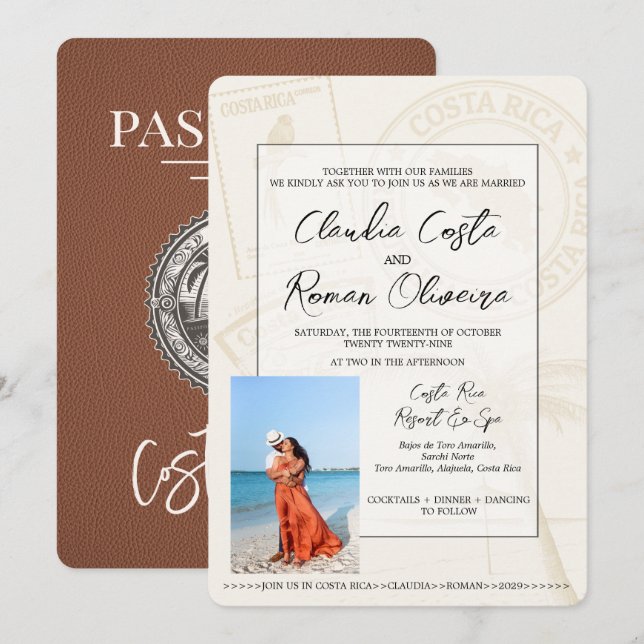 Brown Costa Rica Passport Wedding Invitation (Front/Back)