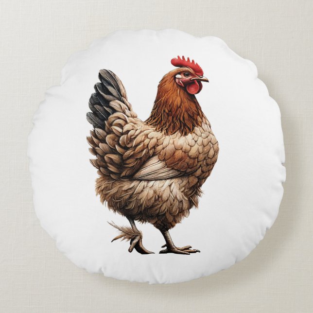 Brown Country Chicken Farm Barnyard Kitchen Round Pillow (Front)