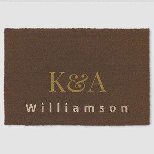 Brown Couple Monogram Gold Cream Modern Minimalist Fiber Doormat