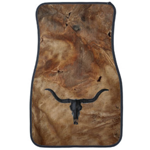 brown cow hide /black cow skull car floor mat