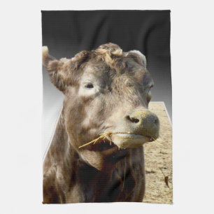 Brown Cow Munching Hay Face, Kitchen Towel